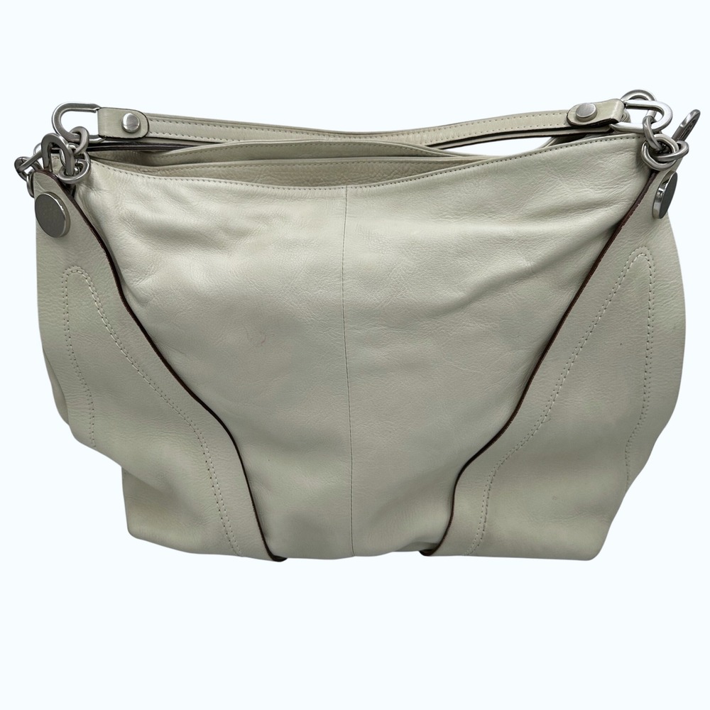 Tentazione Due Italian Leather Hobo Shoulder Bag Cream Silver Hardware‎ Heavy